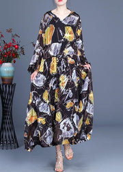 Boho Yellow Print hooded Cinched Mid Dress Summer Silk - SooLinen