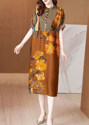 Boho Yellow Stand Collar Patchwork Print Silk Long Dresses Summer