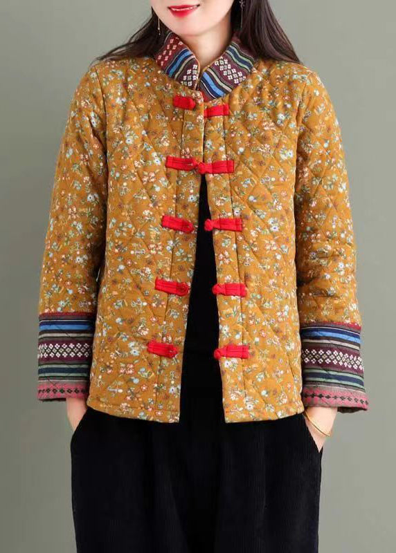 Boho Yellow Stand Collar Print Fine Cotton Filled Puffers Jackets Winter