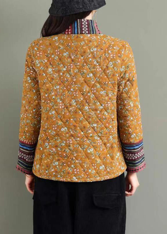 Boho Yellow Stand Collar Print Fine Cotton Filled Puffers Jackets Winter