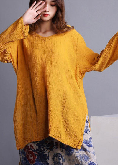 Boho Yellow U Neck low high design Linen Spring Shirt - SooLinen