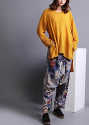 Boho Yellow U Neck low high design Linen Spring Shirt - SooLinen
