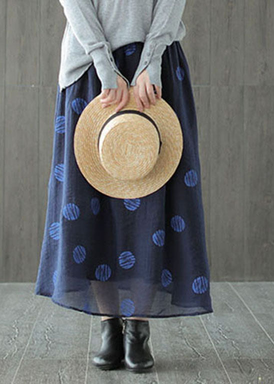 Boho dark Blue elastic waist dot print Linen Skirts Spring