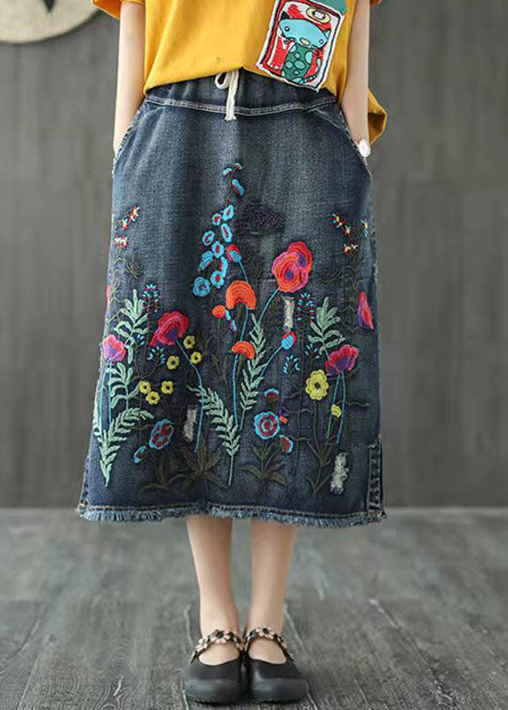 Boho Dark Blue Embroidered Tasseled A Line Summer Skirts Denim
