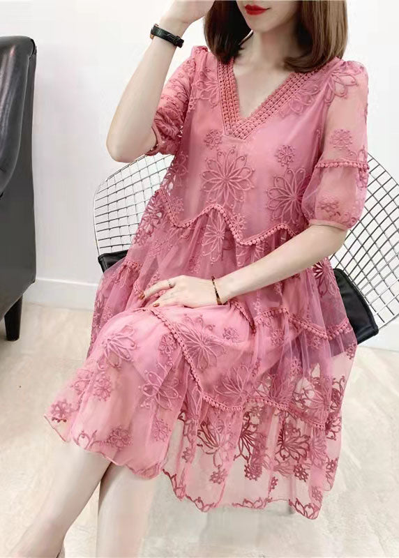 Boho Pink Stickerei Chiffon Kleid Patchwork Halbarm Zweiteiler Damenbekleidung
