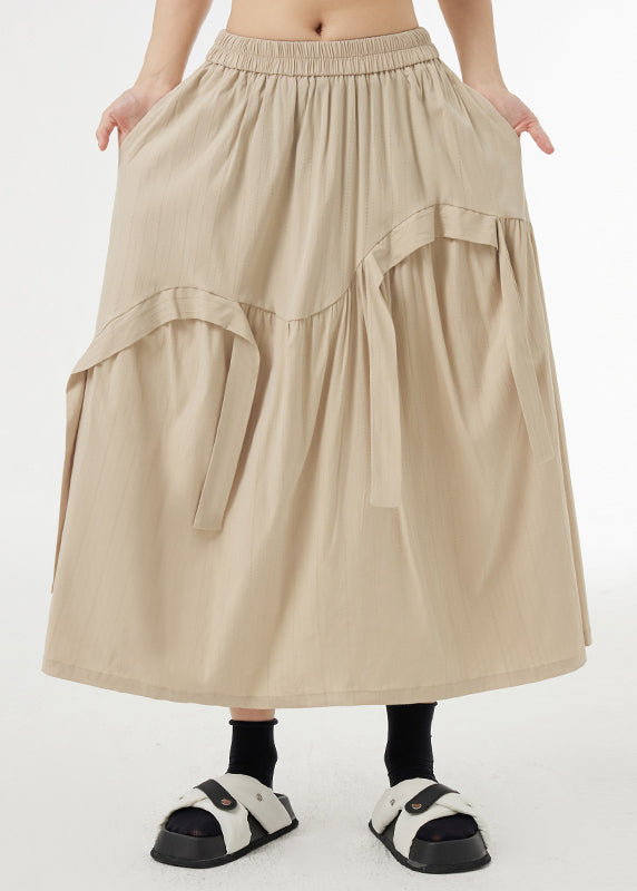 Boutique Apricot Asymmetrical Pockets Patchwork Silk Cotton Skirts Summer