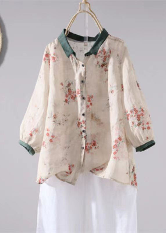 Boutique Apricot Peter Pan Collar Print Patchwork Linen Shirt Tops Summer