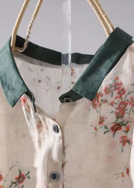 Boutique Apricot Peter Pan Collar Print Patchwork Linen Shirt Tops Summer