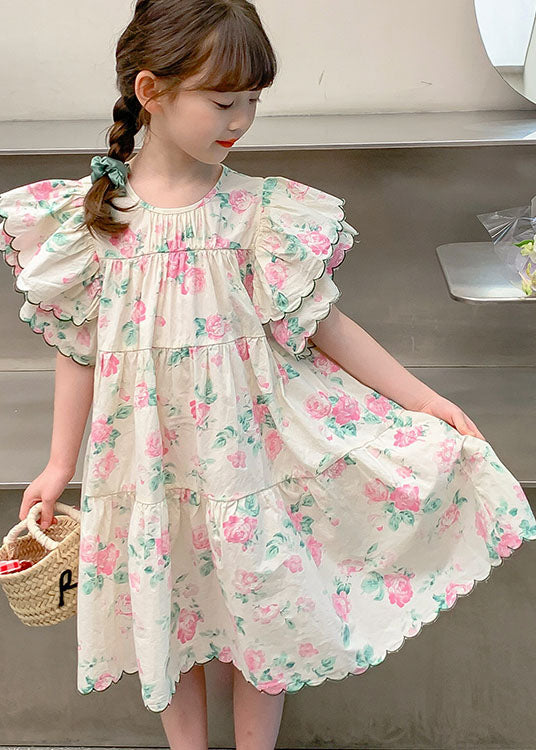 Boutique Apricot Print Patchwork Cotton Kids Girls Dresses Butterfly Sleeve
