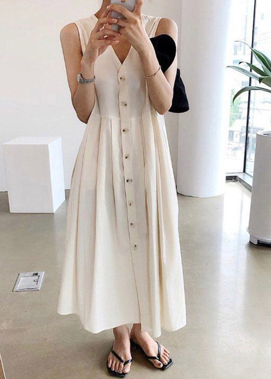 Boutique Apricot V Neck Button Cotton Long Dresses Summer