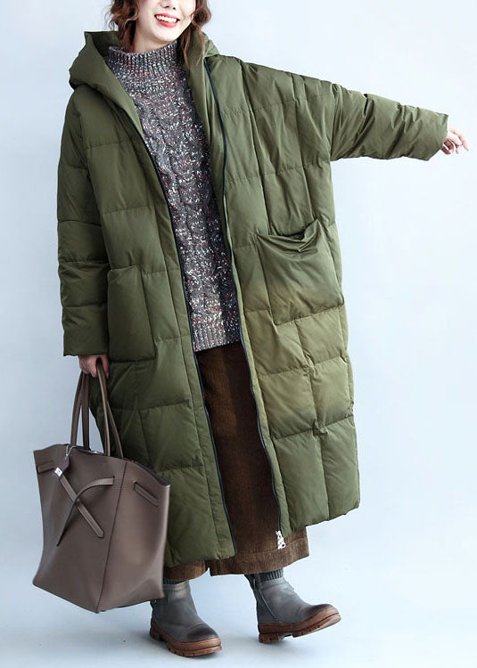 Boutique Army Green Hooded Zippered Pockets Duck Down Puffer Coat Winter