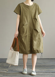 Boutique Army Green O Neck Ruffled Patchwork Cotton Dress Summer
