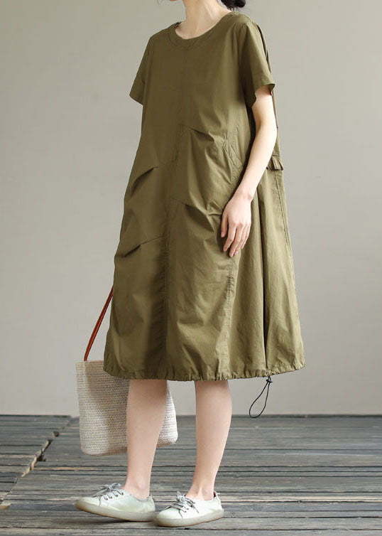 Boutique Army Green O Neck Ruffled Patchwork Cotton Dress Summer