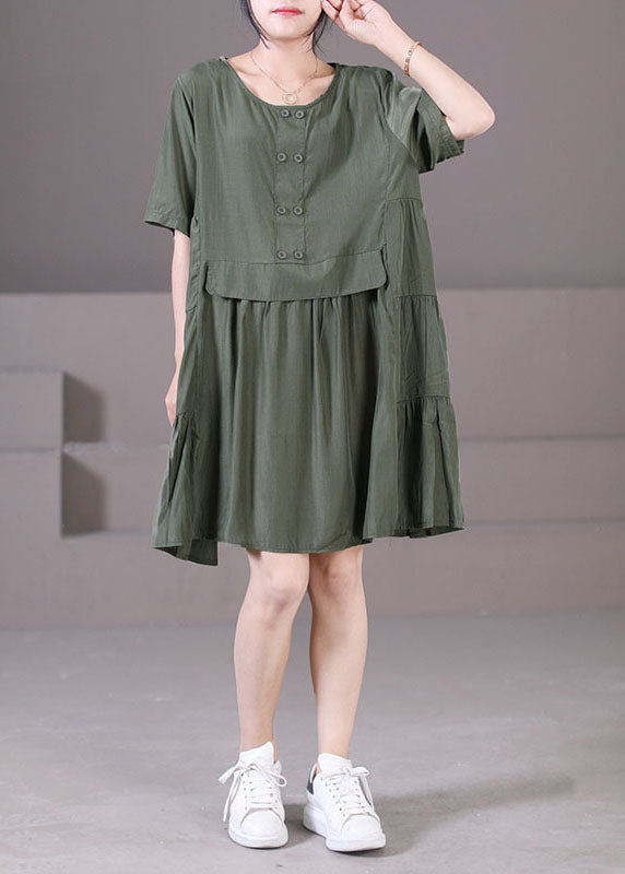 Boutique Army Green O-Neck Wrinkled Patchwork Cotton Mid Dresses Short Sleeve