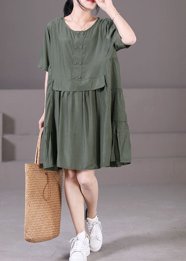 Boutique Army Green O-Neck Wrinkled Patchwork Cotton Mid Dresses Short Sleeve