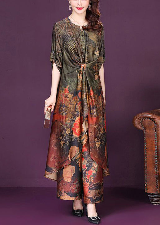 Boutique Asymmetrical Design Wrinkled Print Silk Two Pieces Set Summer
