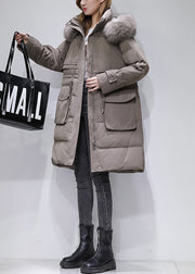 Boutique Beige Fur Collar Hooded Drawstring Duck Down Coat Winter