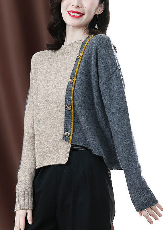 Boutique Beige Grey Asymmetrical Patchwork Chunky Oversized Knit Pullover Winter