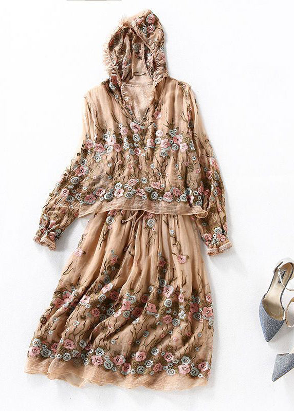 Boutique Beige Hooded Embroidered Patchwork Silk Fake Two Piece Dresses Spring