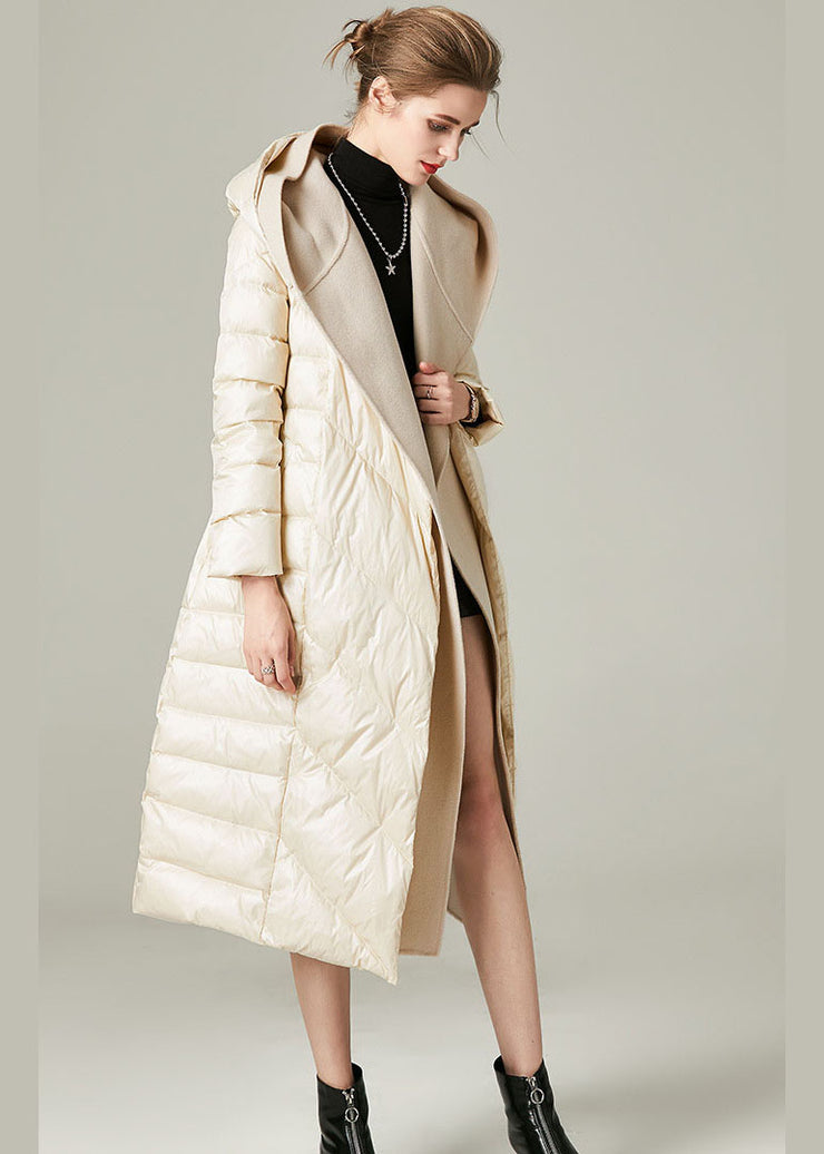 Boutique Beige Hooded Patchwork Duck Down Down Fake Two Piece Coats Winter