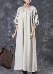 Boutique Beige O-Neck Oversized Cotton Maxi Dresses Puff Sleeve