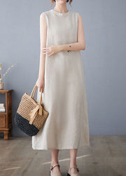 Boutique Beige O Neck Pockets Patchwork Cotton Dresses Sleeveless