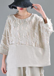 Boutique Beige Patchwork Batwing Sleeve Cotton Linen Top Summer - SooLinen