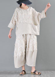 Boutique Beige Patchwork Batwing Sleeve Cotton Linen Top Summer - SooLinen