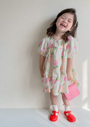 Boutique Beige Print Wrinkled Patchwork Cotton Kids Girls Dresses Summer