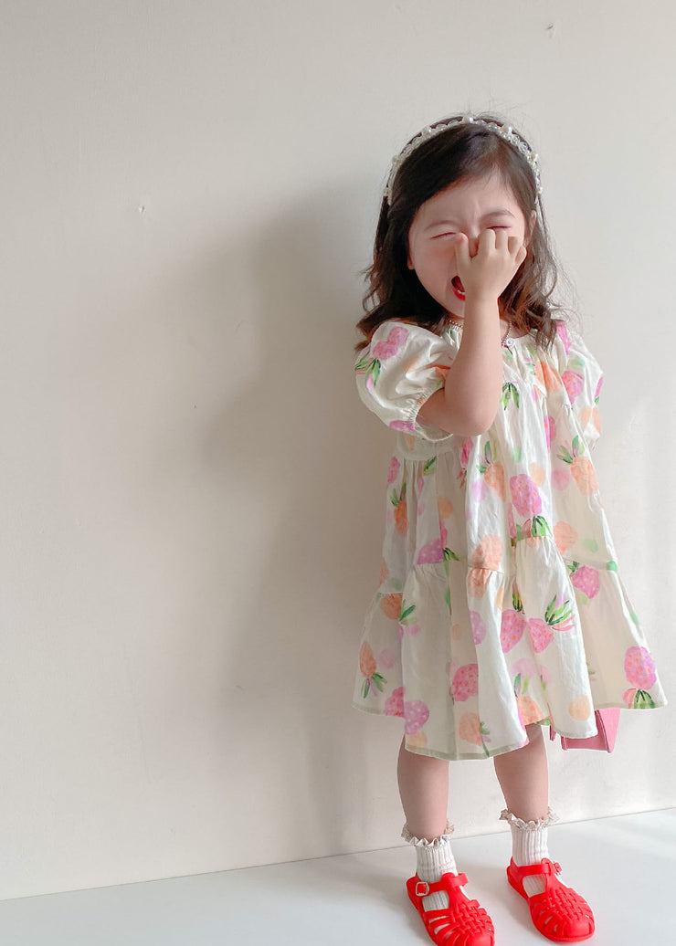 Boutique Beige Print Wrinkled Patchwork Cotton Kids Girls Dresses Summer