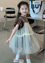Boutique Beige Ruffled Patchwork Tulle Baby Girls Dresses Two Pieces Set Summer