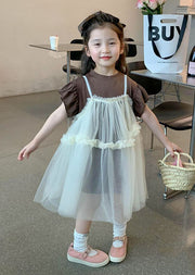 Boutique Beige Ruffled Patchwork Tulle Baby Girls Dresses Two Pieces Set Summer