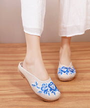 Boutique Beige Slide Sandals Embroidered Comfy Linen Fabric