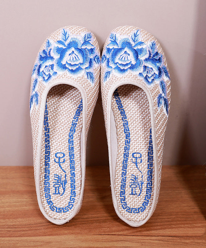 Boutique Beige Slide Sandals Embroidered Comfy Linen Fabric