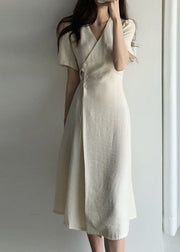 Boutique Beige V Neck fashion Cotton Long Dresses Short Sleeve