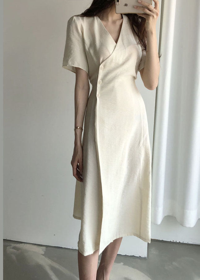 Boutique Beige V-Ausschnitt Mode Baumwolle Lange Kleider Kurzarm