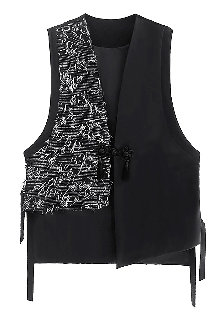 Boutique Black Asymmetrical Chinese Button Patchwork Vest Sleeveless