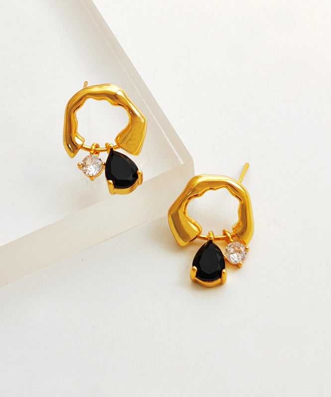Boutique Black Asymmetrical Copper Glod Plated Zircon Glass Hoop Earringss