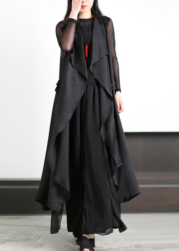 Boutique Black Asymmetrical Patchwork Silk Three Pieces Set Summer