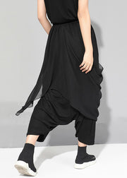 Boutique Black Asymmetrical Pockets Patchwork Elastic Waist Chiffon Pants Summer