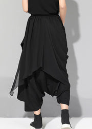 Boutique Black Asymmetrical Pockets Patchwork Elastic Waist Chiffon Pants Summer