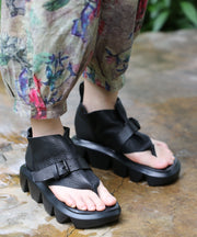 Boutique Black Buckle Strap Splicing Platform Thong Sandals