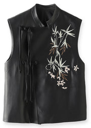 Boutique Black Chinese Button Embroidered Leather Shirt Waistcoat Sleeveless