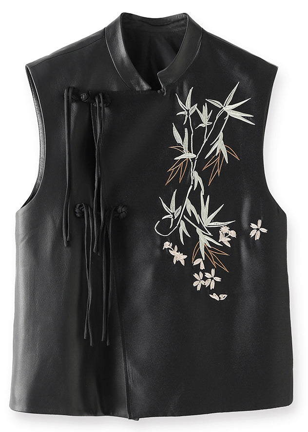 Boutique Black Chinese Button Embroidered Leather Shirt Waistcoat Sleeveless