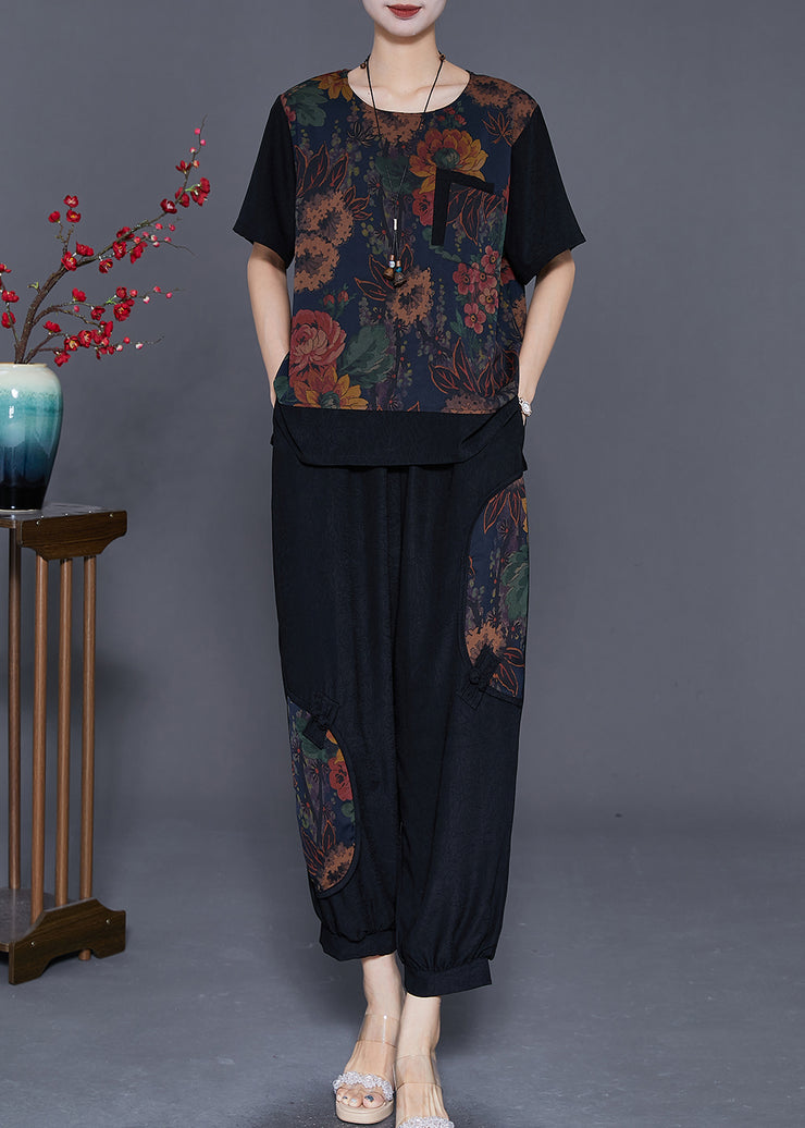 Boutique Black Chinese Button Patchwork Print Silk Two Pieces Set Summer