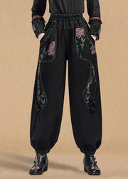 Boutique Black Elastic Waist Pockets Print Cotton Denim Harem Pants Fall