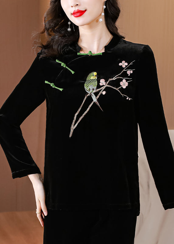 Boutique Black Embroidered Button Silk Velour Coats Fall