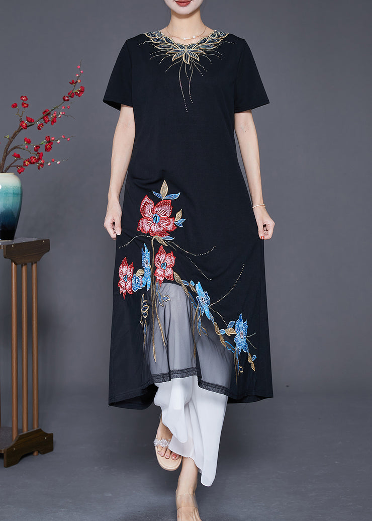 Boutique Black Embroidered Floral Patchwork Tulle Cotton Vacation Dresses Summer