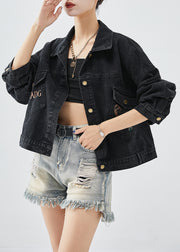 Boutique Black Embroidered Letter Butterfly Denim Jacket Fall