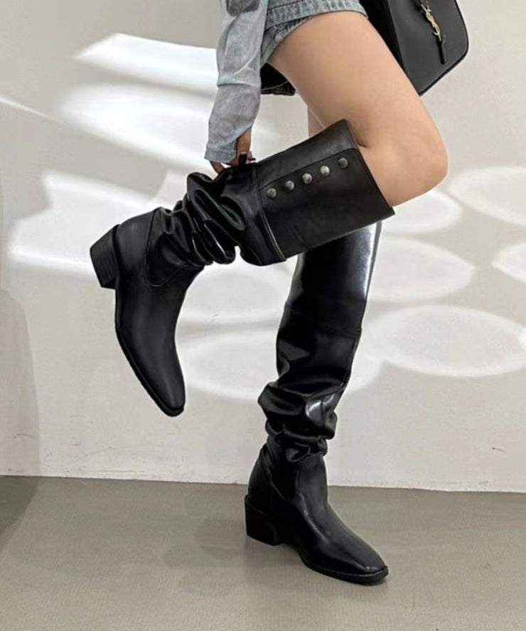 Boutique Black Faux Leather Splicing Rivet Long Boots
